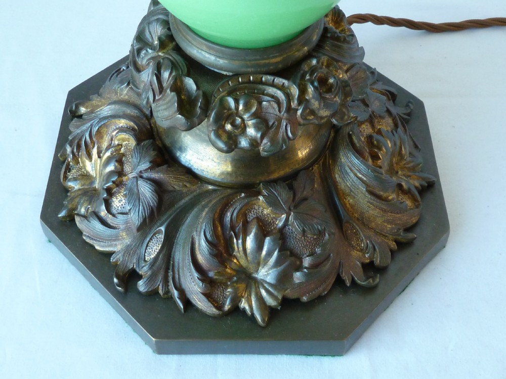 Large English Victorian Gilt Brass Green Opaline Glass Column Table Lamp Rococo Revival View VI