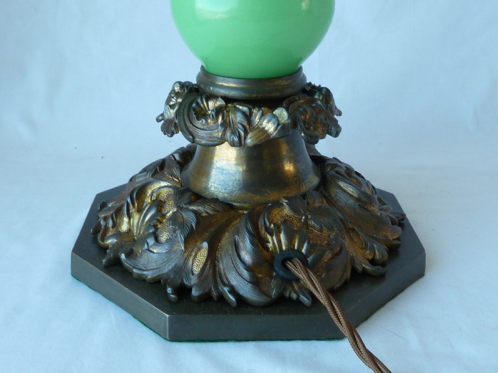 Large English Victorian Gilt Brass Green Opaline Glass Column Table Lamp Rococo Revival View VII