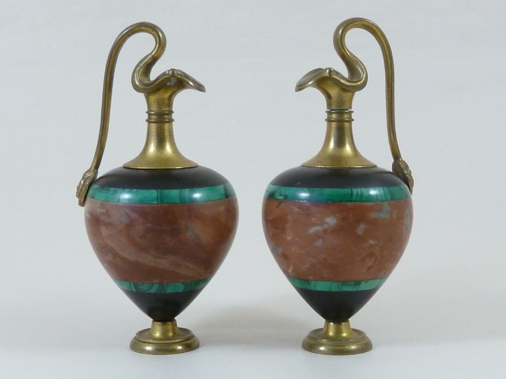 Pair Miniature Ornamental Ewers Malachite Rouge Marble Ormolu Grand Tour