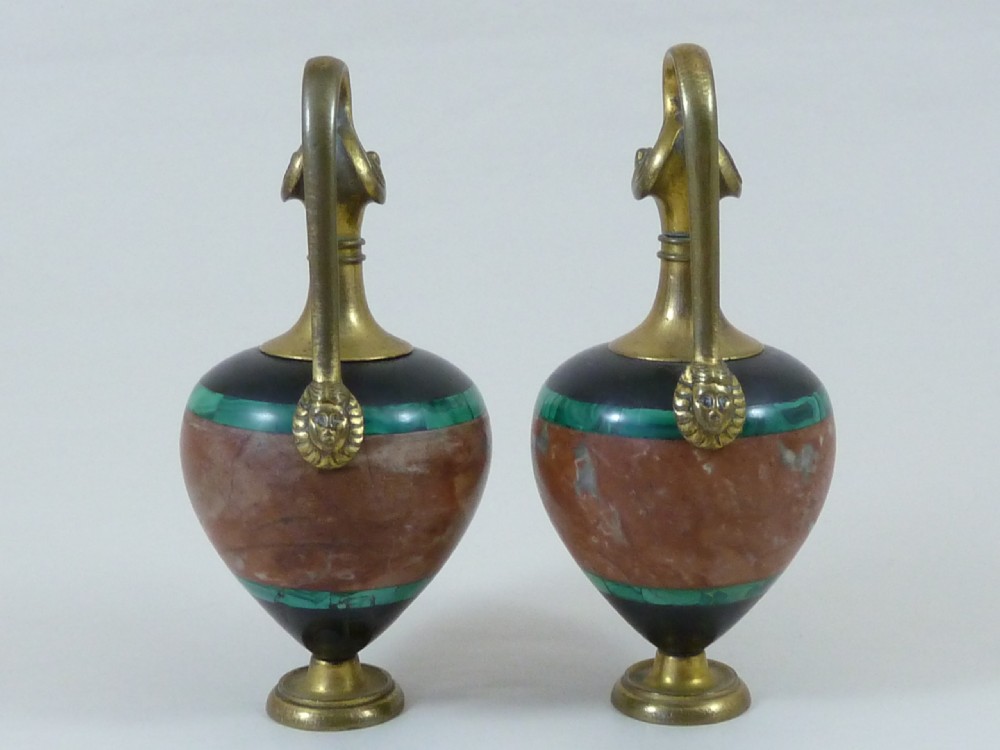 Pair Miniature Ornamental Ewers Malachite Rouge Marble Ormolu Grand Tour View II