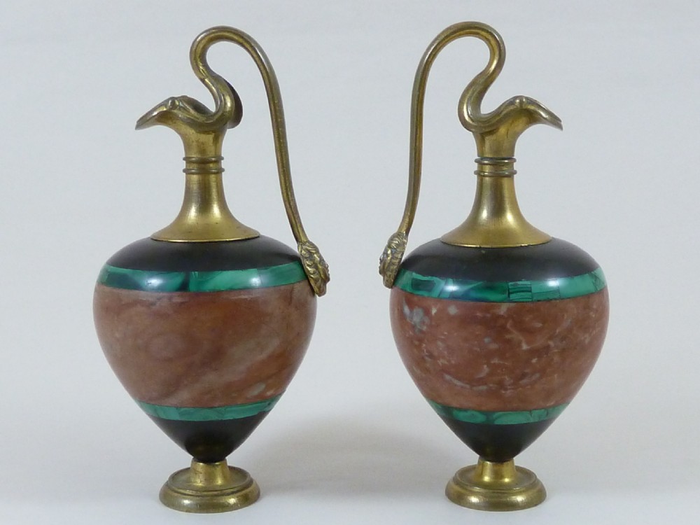 Pair Miniature Ornamental Ewers Malachite Rouge Marble Ormolu Grand Tour View III