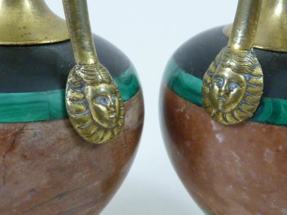Pair Miniature Ornamental Ewers Malachite Rouge Marble Ormolu Grand Tour View IV
