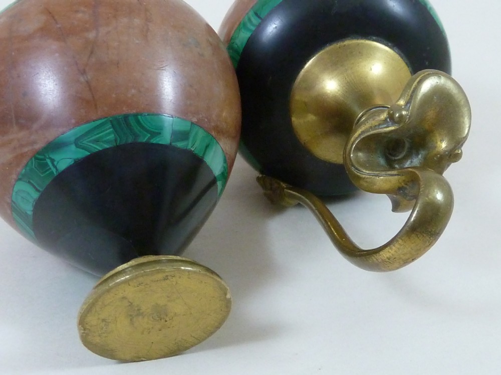 Pair Miniature Ornamental Ewers Malachite Rouge Marble Ormolu Grand Tour View V