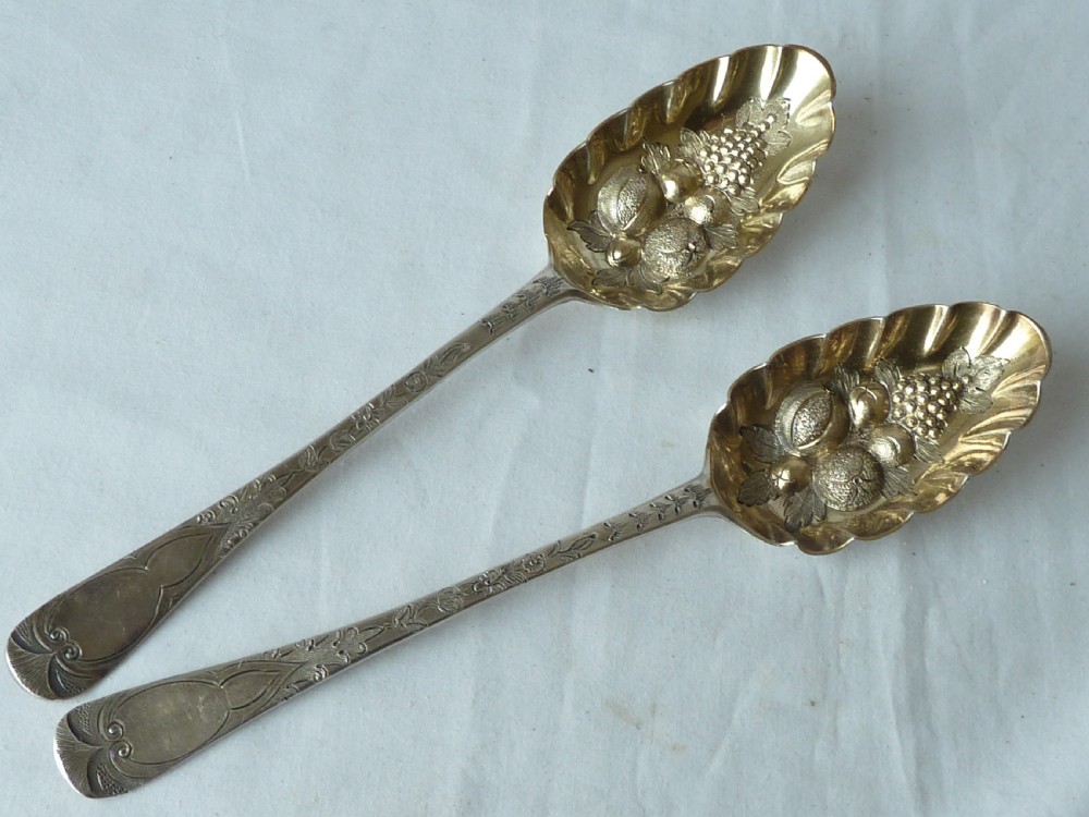 Pair Georgian / Victorian Berry Serving Table Spoons Silver 1795 