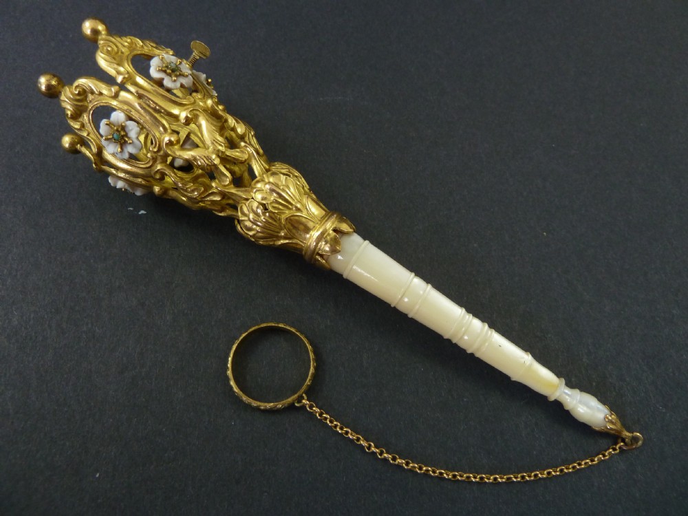 French Gilt Brass Flower Head MOP Tussie Mussie Posy Holder