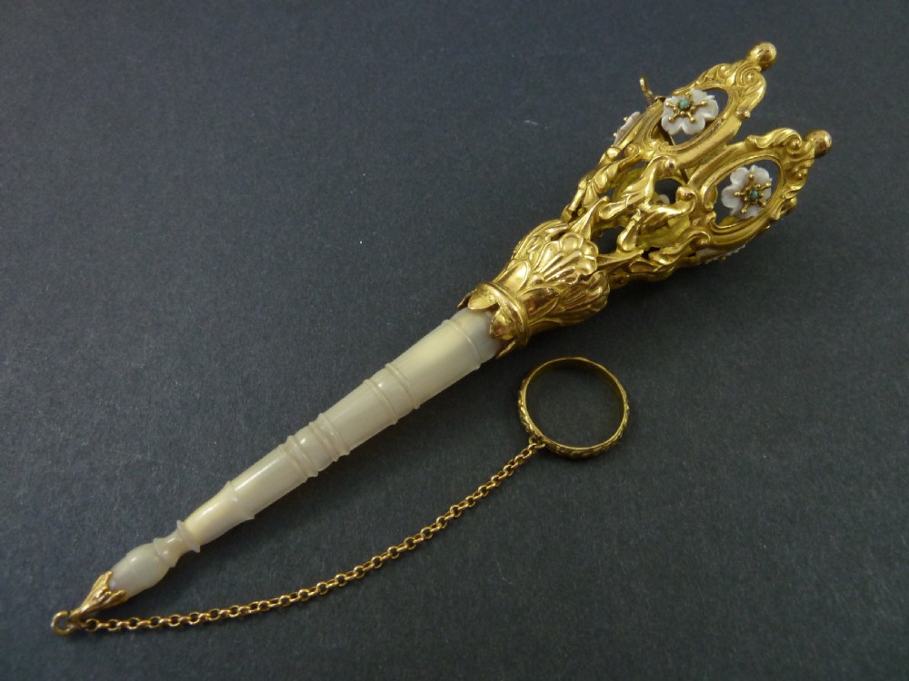French Gilt Brass Flower Head MOP Tussie Mussie Posy Holder View II