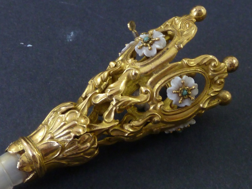 French Gilt Brass Flower Head MOP Tussie Mussie Posy Holder View V