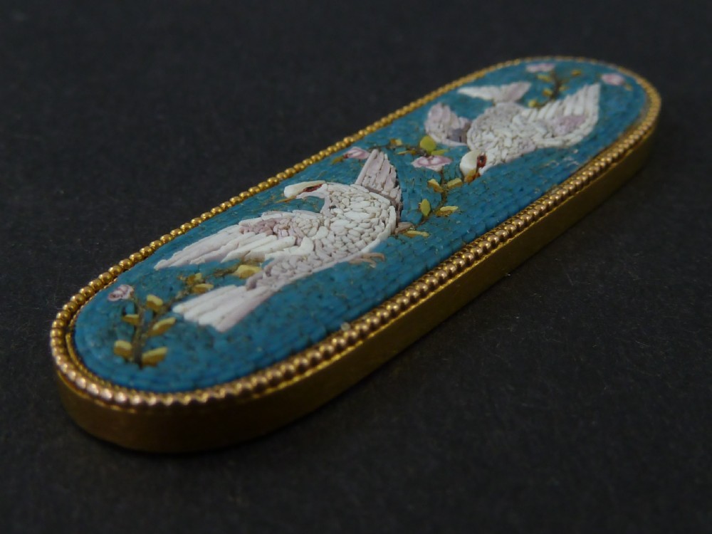 Doves Gold Mounted Italian Venetian Micro Mosaic Brooch Panel View II