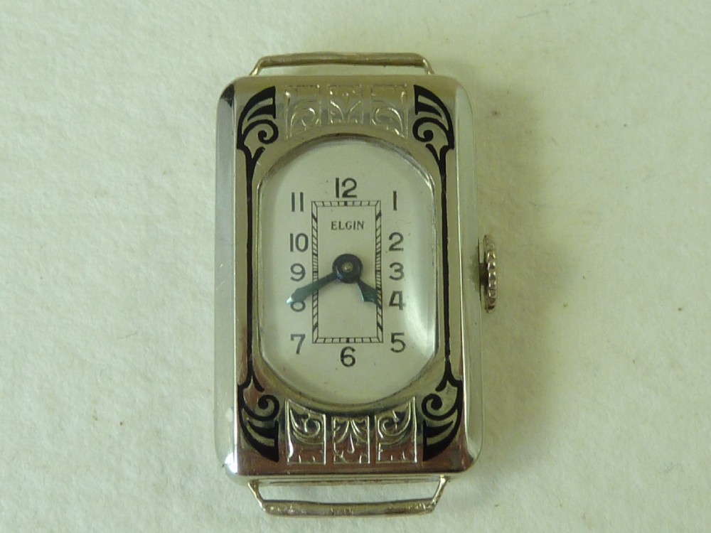 1931 Art Deco White Gold Ladies Elgin USA Black Enamel Parisienne Cocktail Watch View V