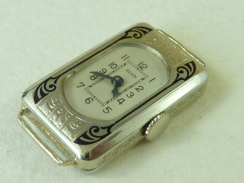 1931 Art Deco White Gold Ladies Elgin USA Black Enamel Parisienne Cocktail Watch View VI