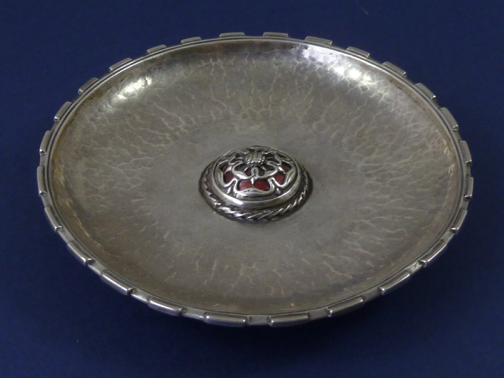 Omar Ramsden 1927 Hallmarked Silver Tudor Rose Dish Enamel Arts & Crafts View II