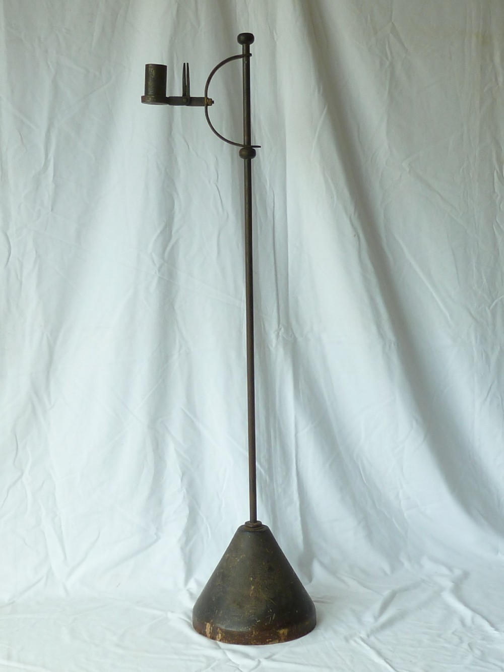 Floor Standing Rushlight Candlestick Wrought Iron Standard Turned Wood