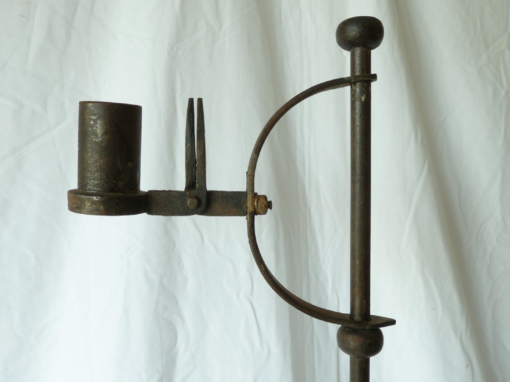 Floor Standing Rushlight Candlestick Wrought Iron Standard Turned Wood View V