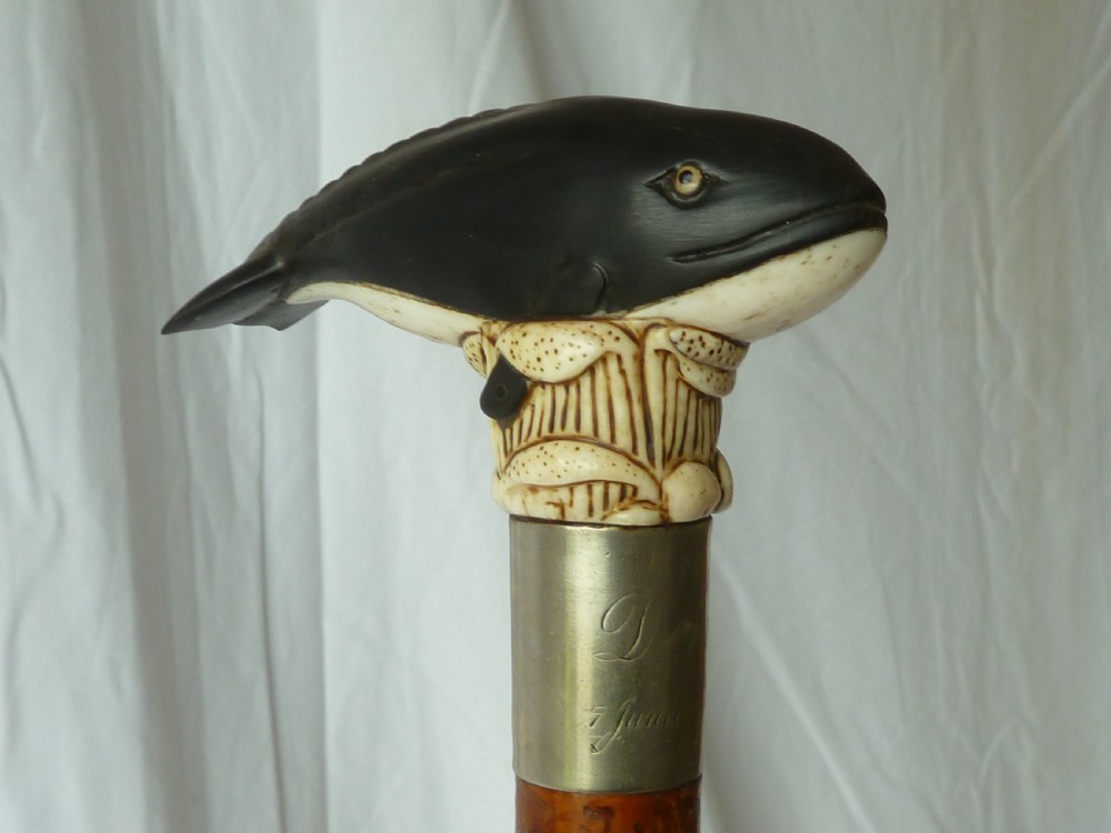 Bone & Horn Handle Walking Stick Carved Novelty Whale