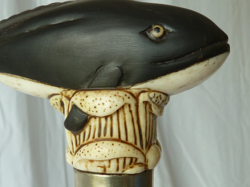 Bone & Horn Handle Walking Stick Carved Novelty Whale View VI