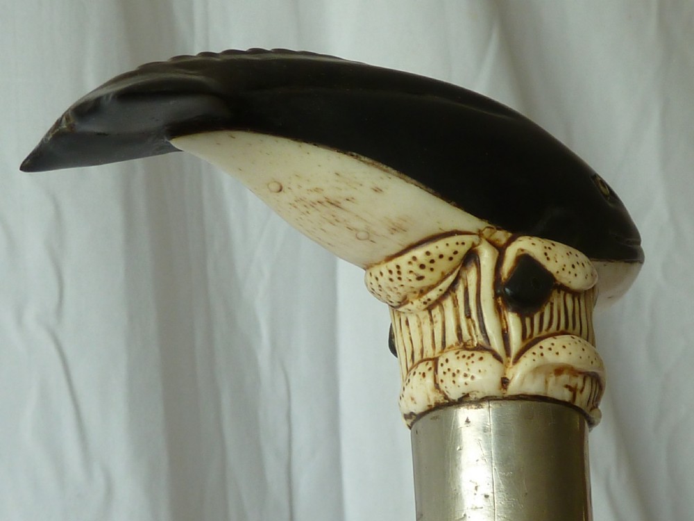 Bone & Horn Handle Walking Stick Carved Novelty Whale View VIII