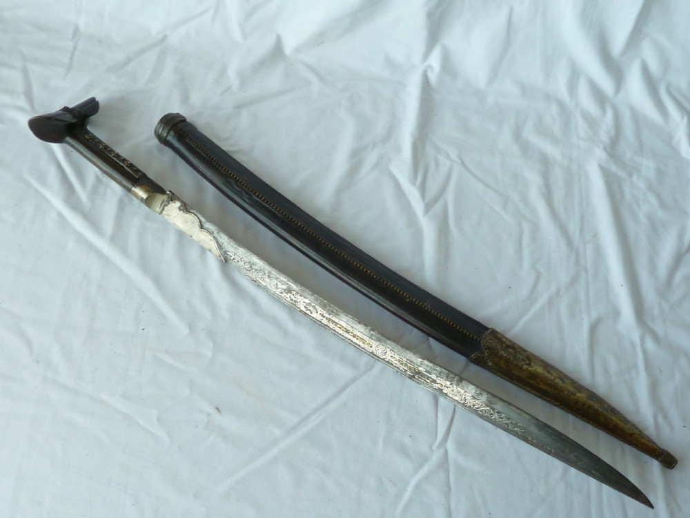 Turkish Yataghan Sword Silver Gold Damascened Blade Ottoman Islamic Calligraphy  View II