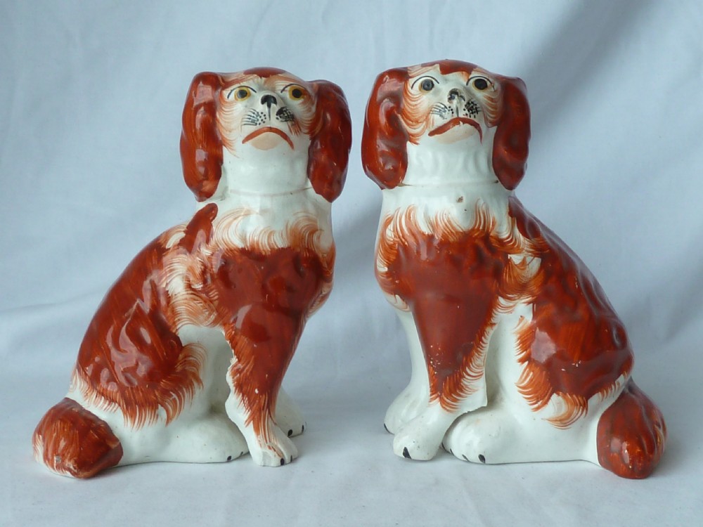 Pair Victorian Staffordshire Spaniel Red Wally Dogs Separate Leg Pottery Original