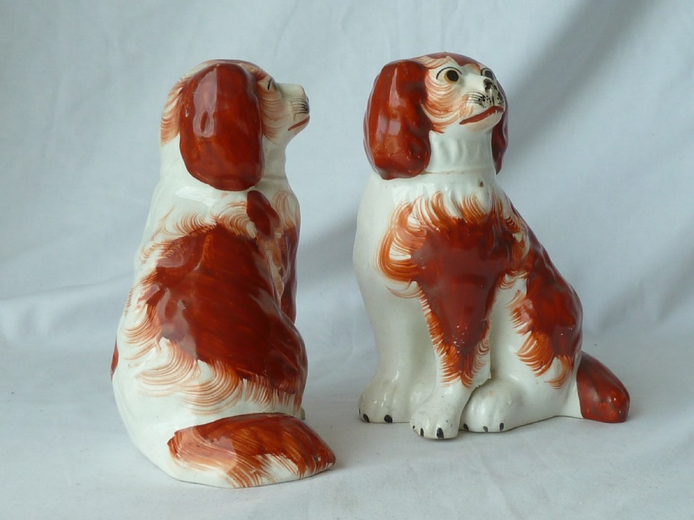Pair Victorian Staffordshire Spaniel Red Wally Dogs Separate Leg Pottery Original View II
