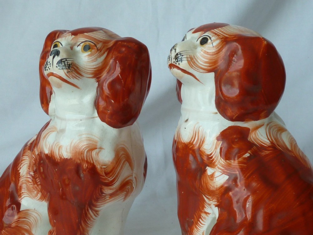 Pair Victorian Staffordshire Spaniel Red Wally Dogs Separate Leg Pottery Original View III