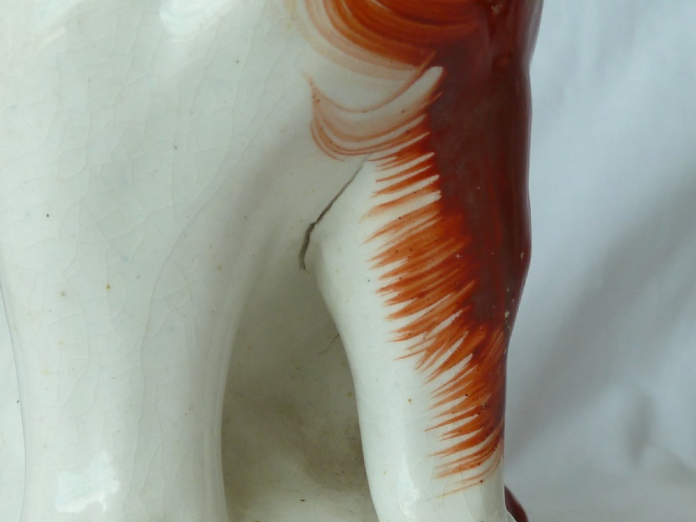 Pair Victorian Staffordshire Spaniel Red Wally Dogs Separate Leg Pottery Original View IV