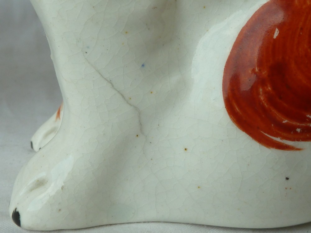 Pair Victorian Staffordshire Spaniel Red Wally Dogs Separate Leg Pottery Original View VI
