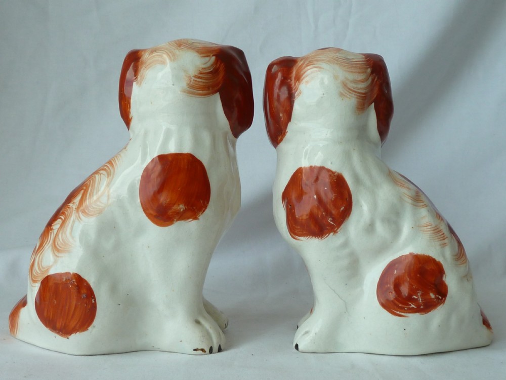 Pair Victorian Staffordshire Spaniel Red Wally Dogs Separate Leg Pottery Original View VII