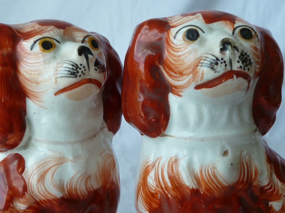 Pair Victorian Staffordshire Spaniel Red Wally Dogs Separate Leg Pottery Original View IX