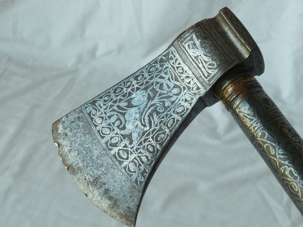 Engraved Steel Saddle Axe Tabar Tabarzin Indian Ottoman Islamic Persian View IV