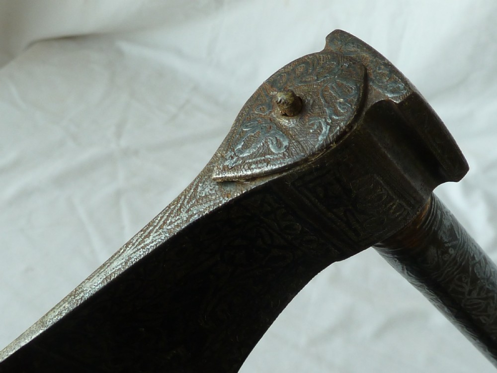 Engraved Steel Saddle Axe Tabar Tabarzin Indian Ottoman Islamic Persian View V