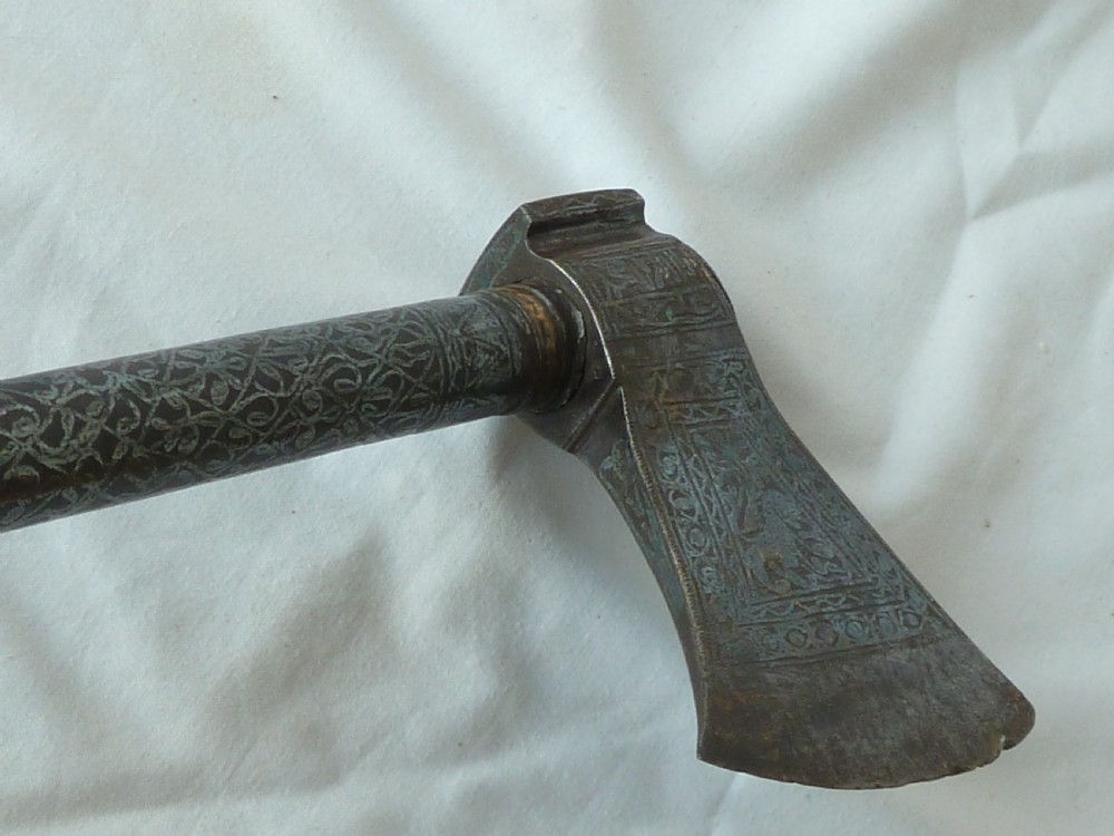 Engraved Steel Saddle Axe Tabar Tabarzin Indian Ottoman Islamic Persian View VI