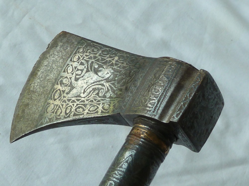 Engraved Steel Saddle Axe Tabar Tabarzin Indian Ottoman Islamic Persian View X