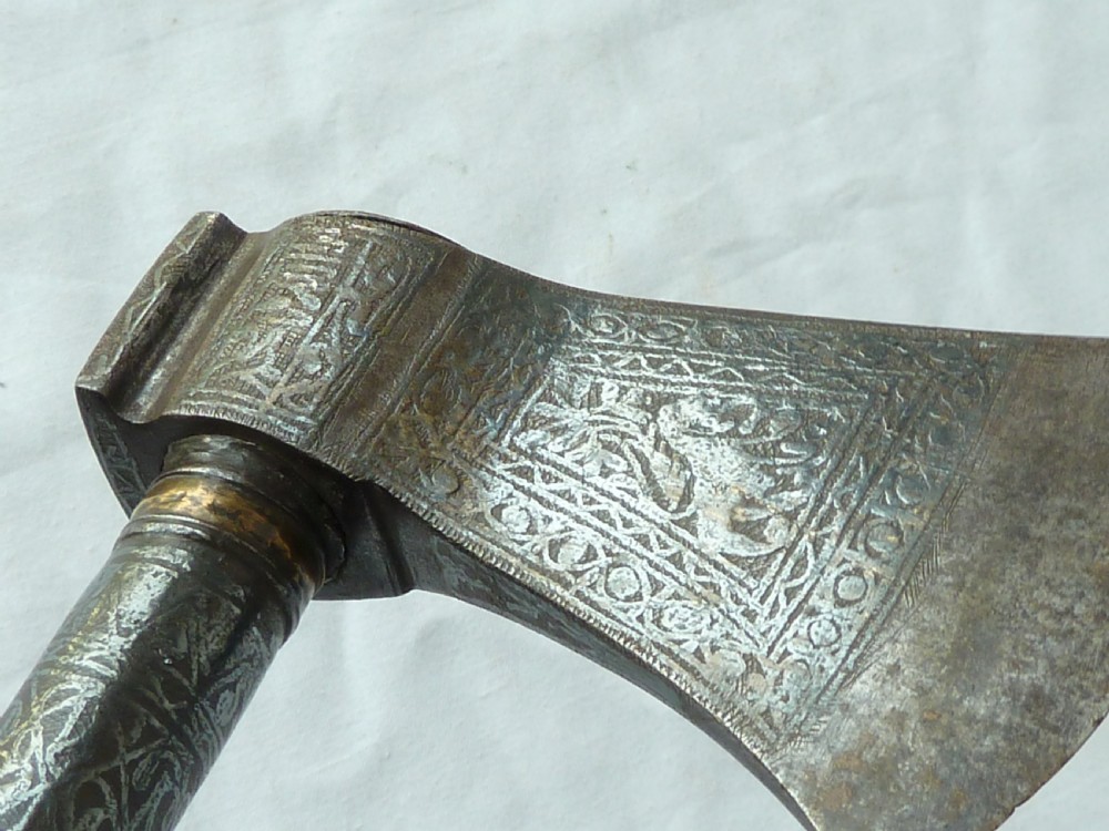 Engraved Steel Saddle Axe Tabar Tabarzin Indian Ottoman Islamic Persian View XI