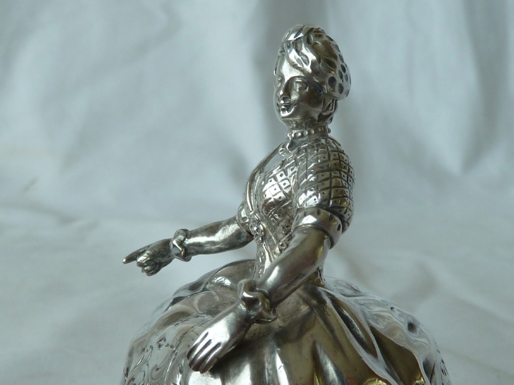 1892 Hallmarked Silver Crinoline Lady Table Bell Continental Victorian View VIII
