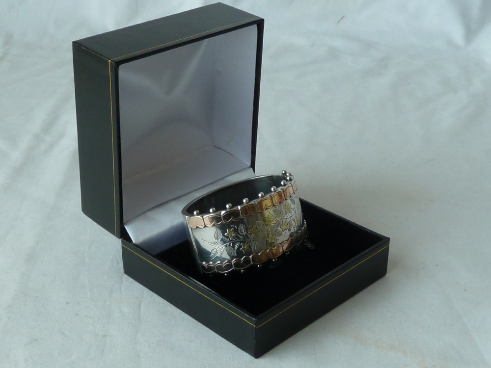 1893 English Victorian Hallmarked Solid Sterling Silver Rose Yellow Gold Cuff Bangle Bracelet View III