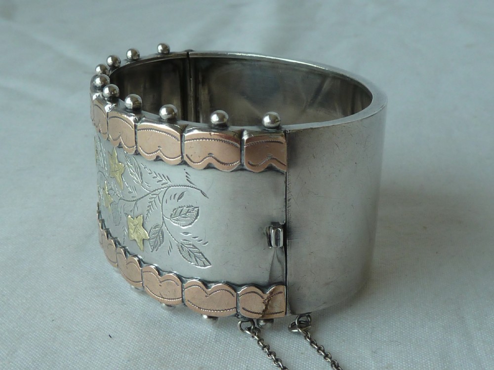 1893 English Victorian Hallmarked Solid Sterling Silver Rose Yellow Gold Cuff Bangle Bracelet View IV
