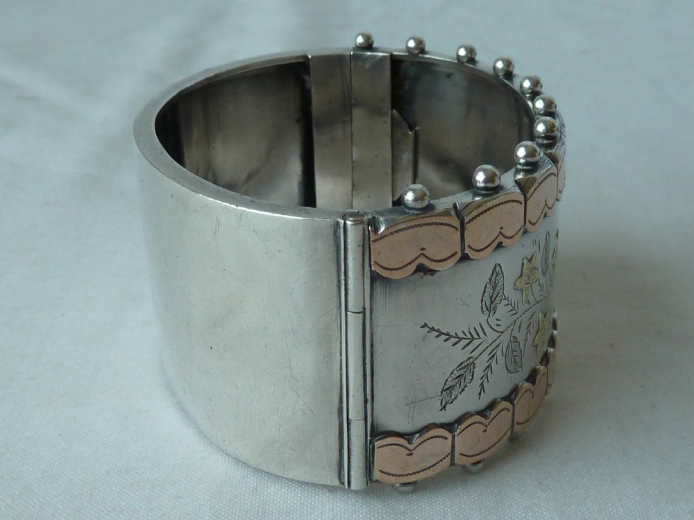 1893 English Victorian Hallmarked Solid Sterling Silver Rose Yellow Gold Cuff Bangle Bracelet View VI