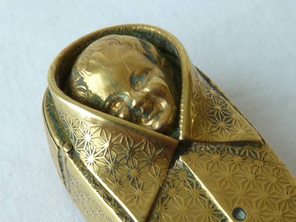 Carlsbad Pietra Dura Novelty Brass Baby in Shirt Vesta Case Match Box  View II