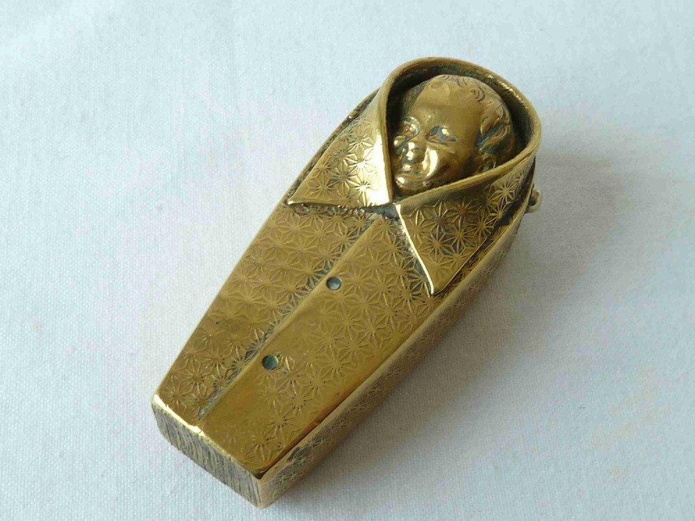 Carlsbad Pietra Dura Novelty Brass Baby in Shirt Vesta Case Match Box 