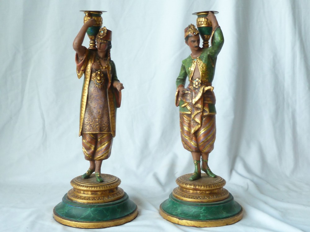 Pair French Cold Painted Spelter Figural Candlesticks Eastern Arabic Sculpture