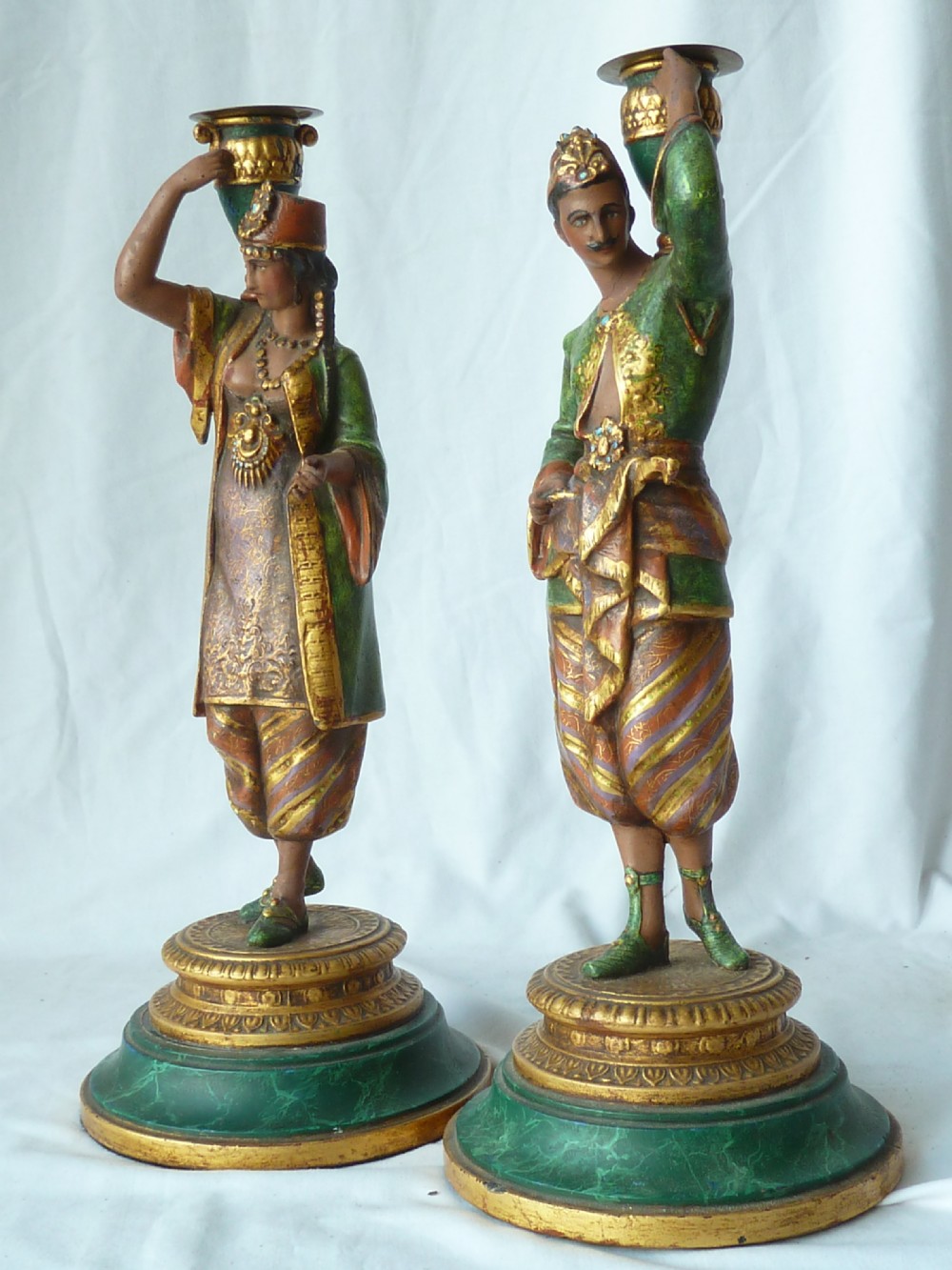 Pair French Cold Painted Spelter Figural Candlesticks Eastern Arabic Sculpture View II