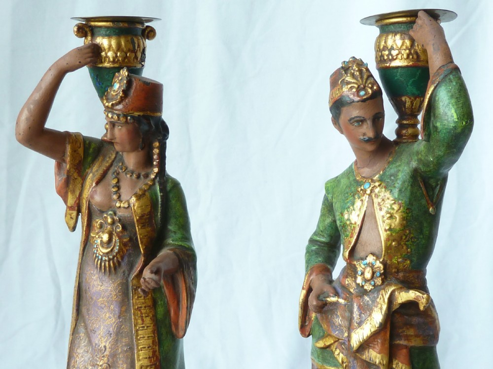 Pair French Cold Painted Spelter Figural Candlesticks Eastern Arabic Sculpture View IV