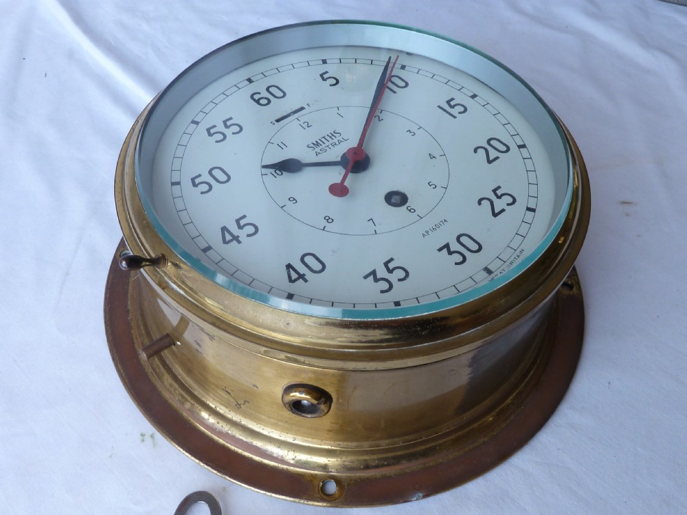 Large Smiths Astral Brass Ships Clock 8 Day Admiralty Pattern Marine Bulkhead View II