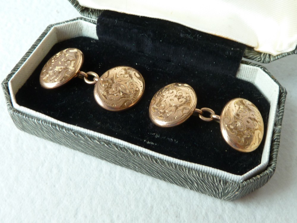 Solid 10 Carat Gold Hand Engraved Oval Double Cufflinks Boxed