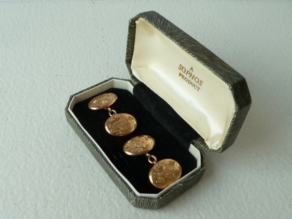 Solid 10 Carat Gold Hand Engraved Oval Double Cufflinks Boxed View II