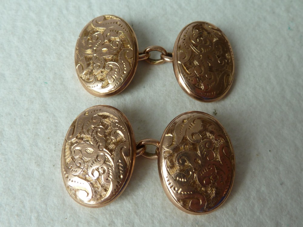 Solid 10 Carat Gold Hand Engraved Oval Double Cufflinks Boxed View III