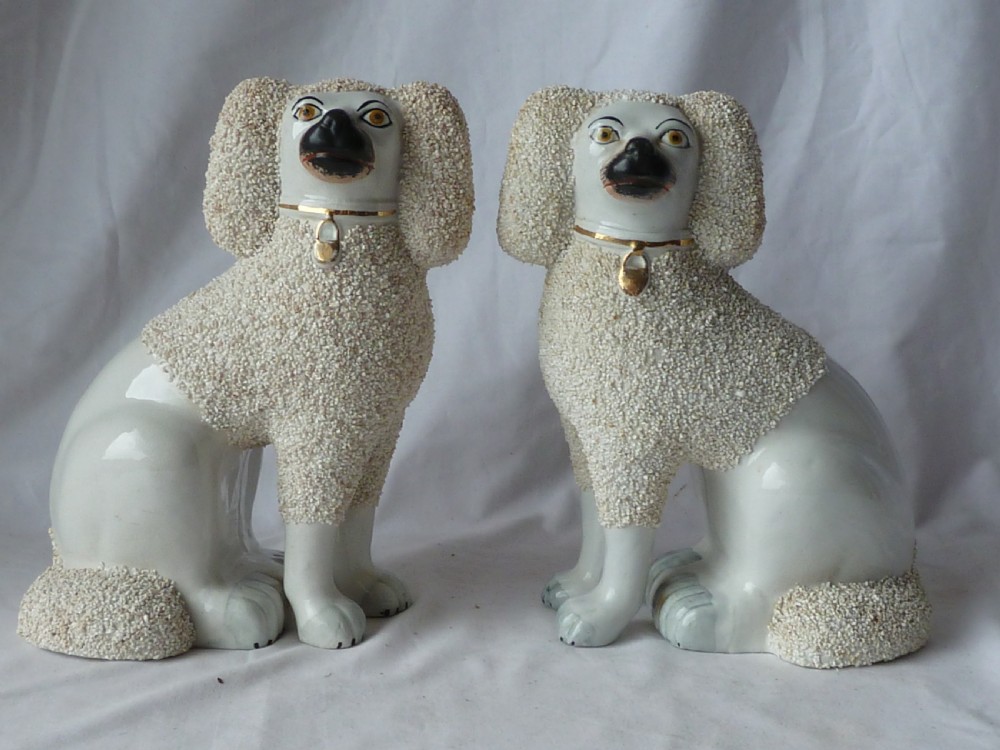 Pair Victorian Staffordshire Pottery Poodle Confetti Dogs Separate Leg Figures Gravelware Lion Cut Antique