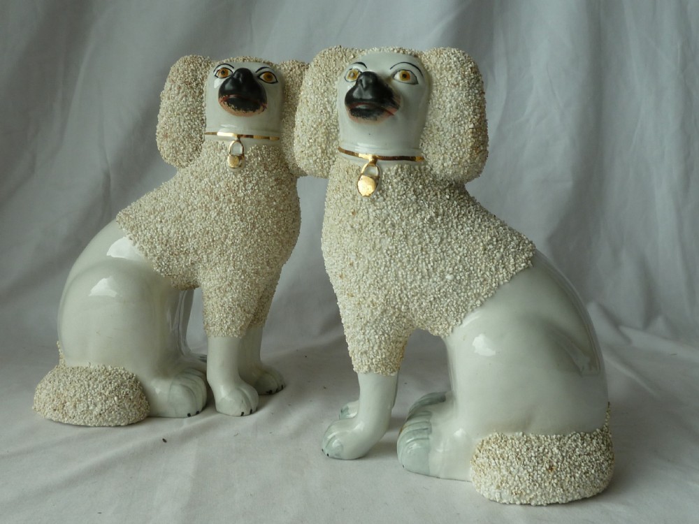 Pair Victorian Staffordshire Pottery Poodle Confetti Dogs Separate Leg Figures Gravelware Lion Cut Antique View II