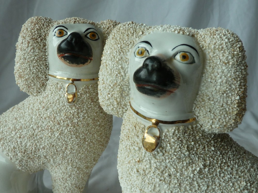 Pair Victorian Staffordshire Pottery Poodle Confetti Dogs Separate Leg Figures Gravelware Lion Cut Antique View III