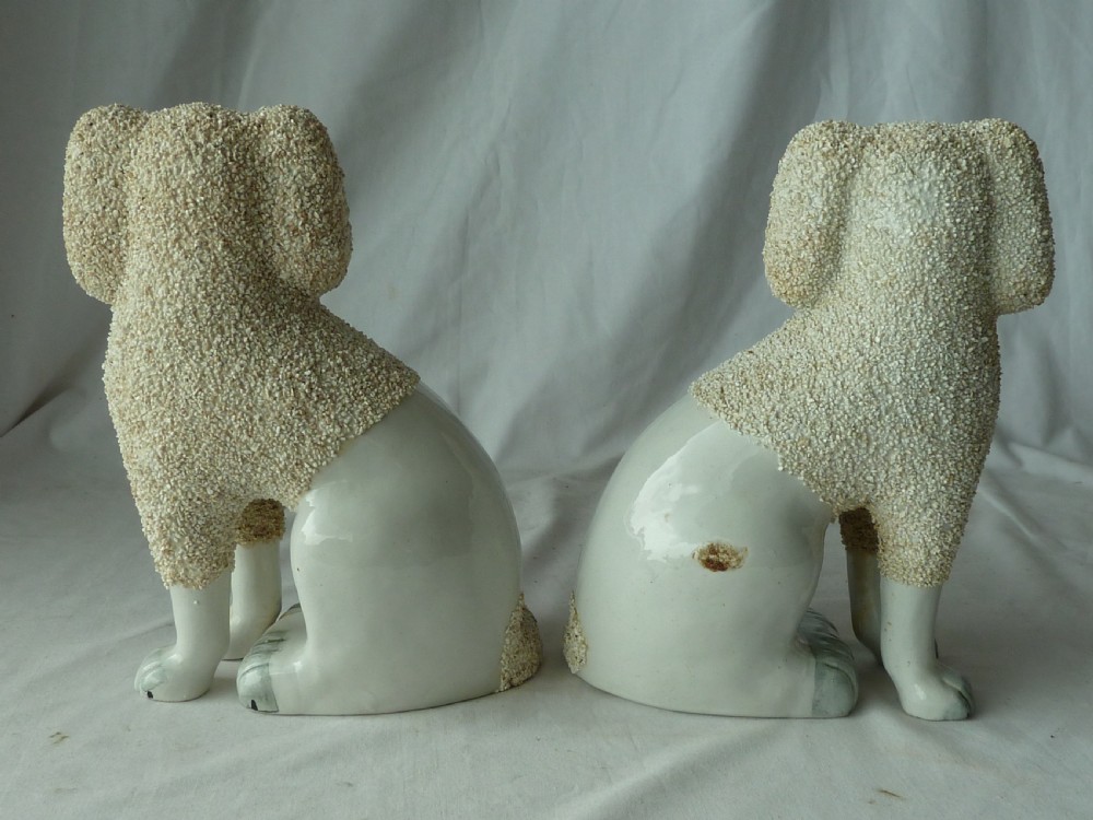 Pair Victorian Staffordshire Pottery Poodle Confetti Dogs Separate Leg Figures Gravelware Lion Cut Antique View IV